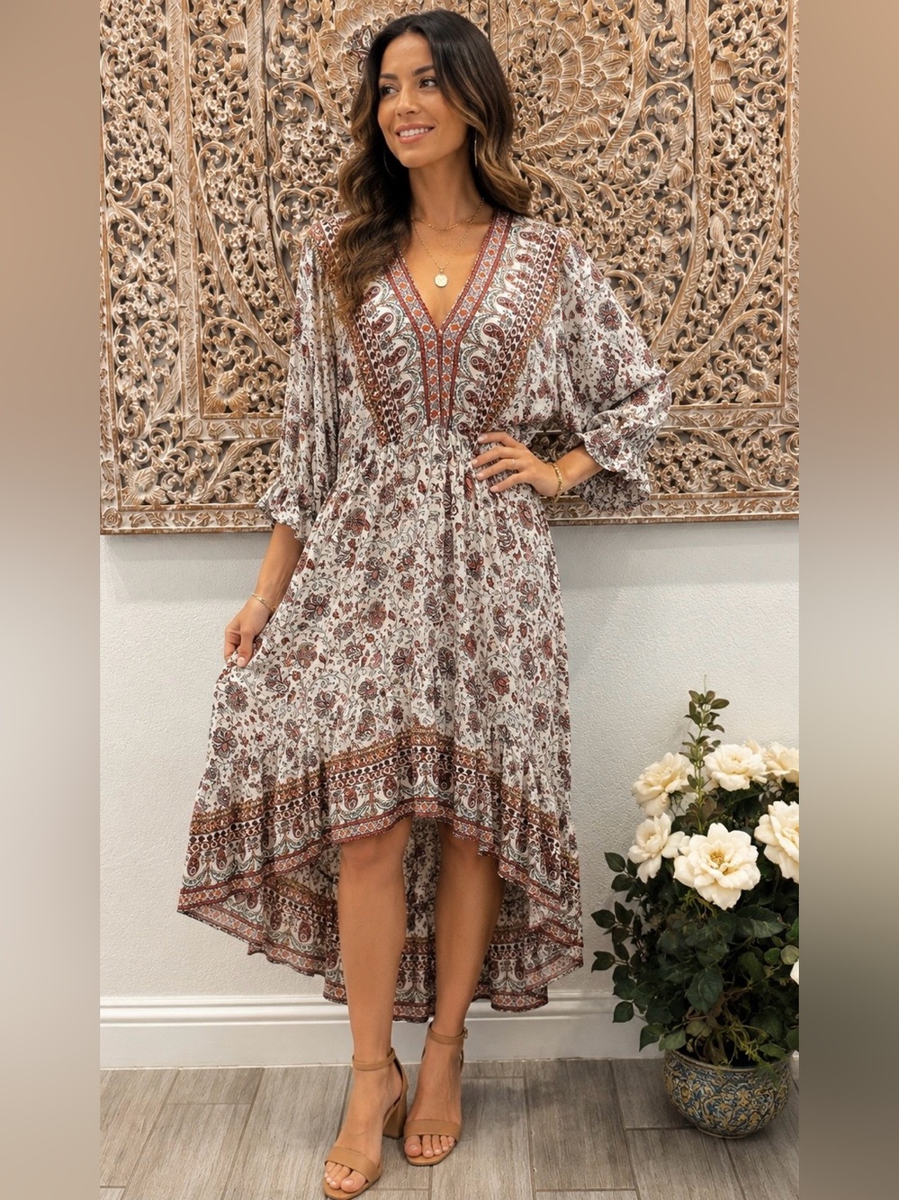 Umgee Boho High-Low Floral Dress in Pink & White- size XL
